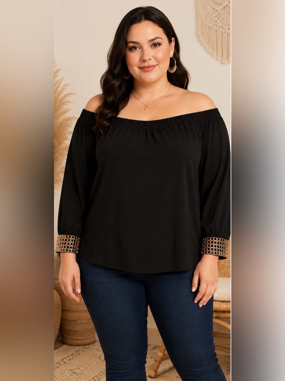 “Black Off Shoulder Blouse 3X Plus Size with Gold Chain Cuff‎ Detail”